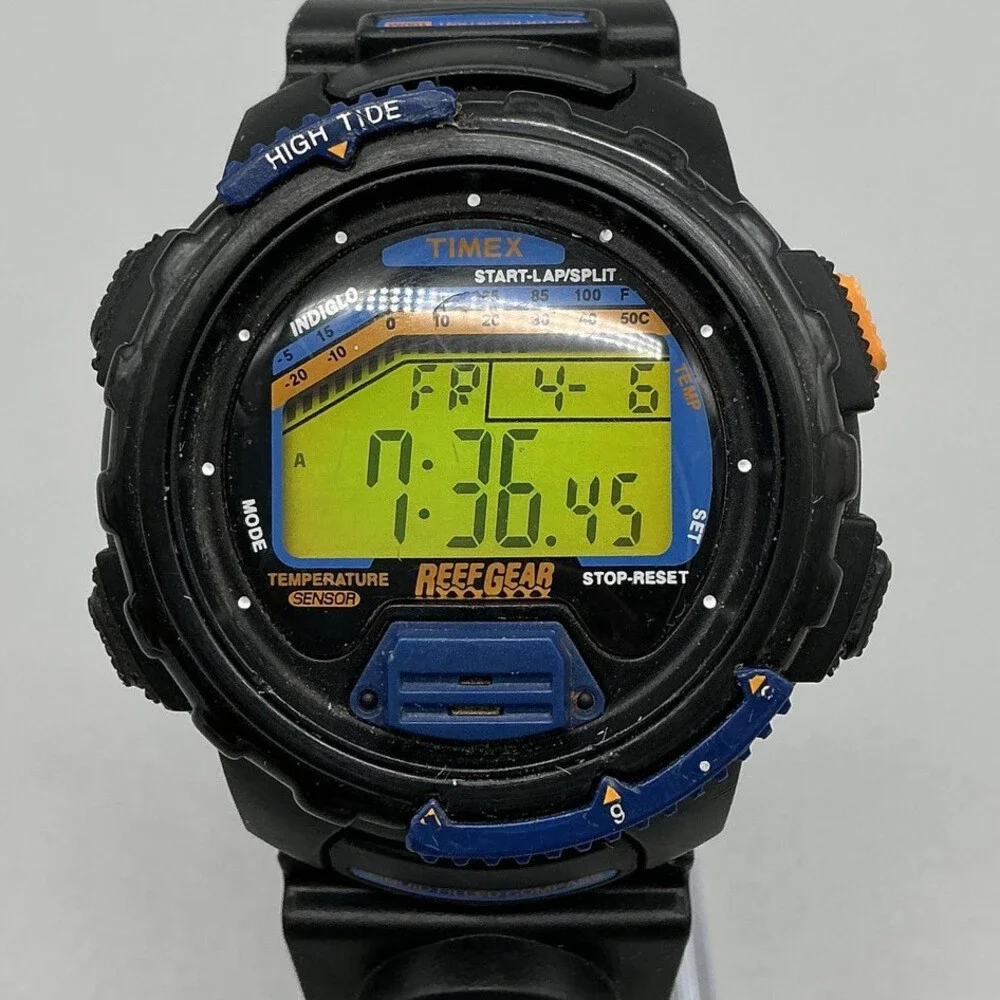 VIntage Timex Reef Gear Mens Watch 43mm Green Digital Black Compass Strap Alarm
